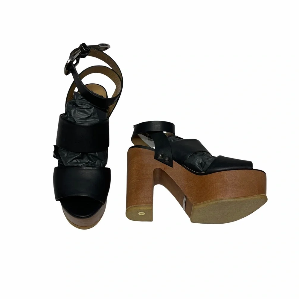 NEW Sonia Rykiel Black Leather/Wood Platforms 38